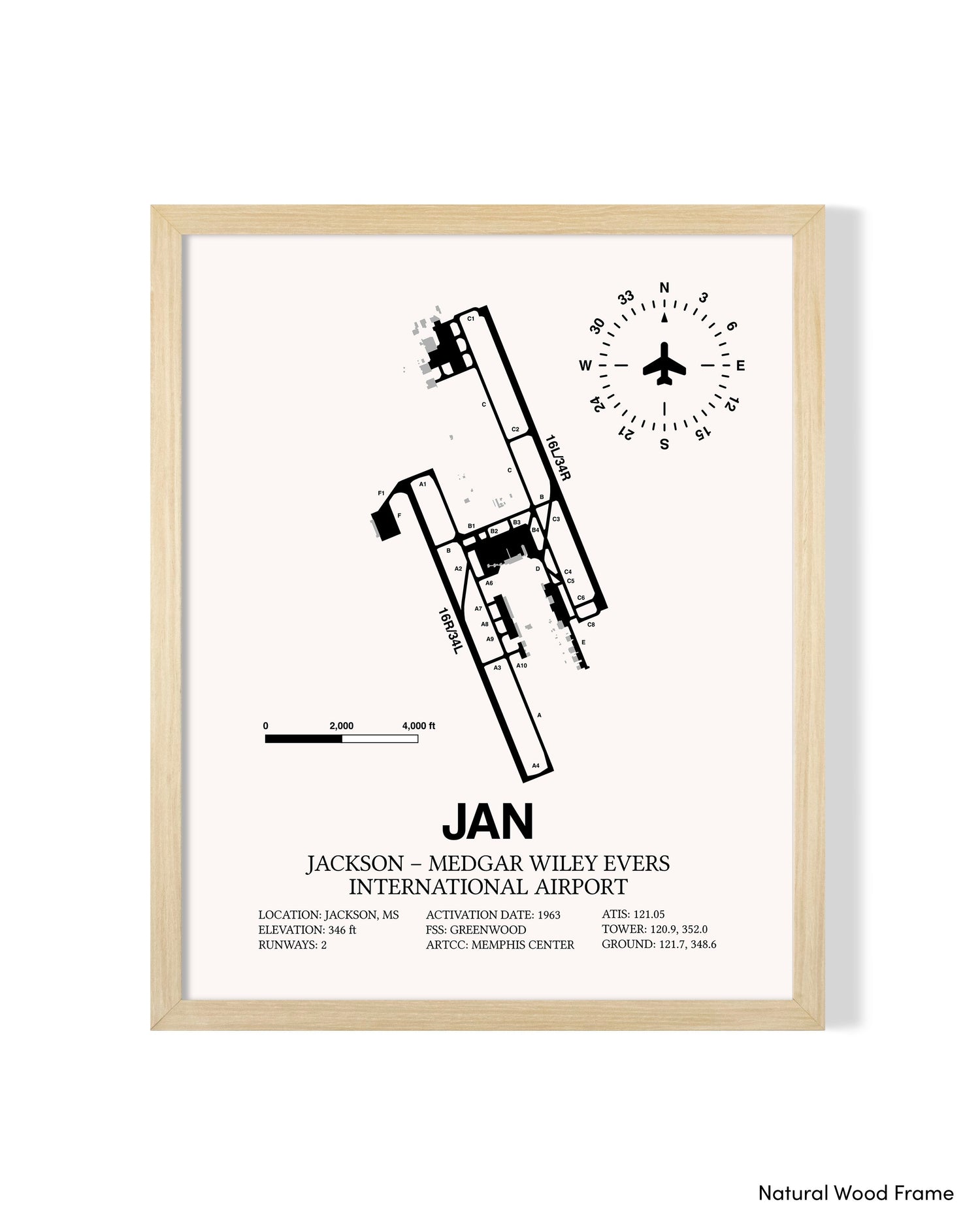 Detailed Airport Map of Jackson-Medgar Wiley Evers International Airport (JAN) in White with a Natural Frame