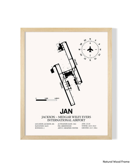 Detailed Airport Map of Jackson-Medgar Wiley Evers International Airport (JAN) in White with a Natural Frame