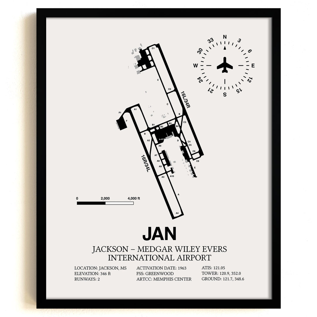 Framed Detailed Airport Map of Jackson-Medgar Wiley Evers International Airport (JAN) in White with a Black Frame