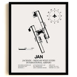 Framed Detailed Airport Map of Jackson-Medgar Wiley Evers International Airport (JAN) in White with a Black Frame