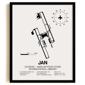 Framed Detailed Airport Map of Jackson-Medgar Wiley Evers International Airport (JAN) in White with a Black Frame