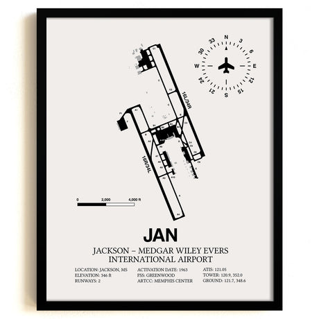 Framed Detailed Airport Map of Jackson-Medgar Wiley Evers International Airport (JAN) in White with a Black Frame
