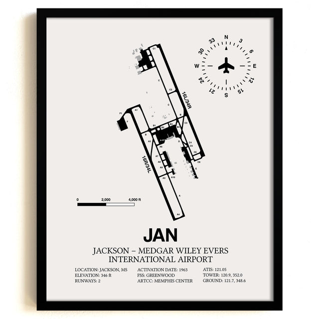 Framed Detailed Airport Map of Jackson-Medgar Wiley Evers International Airport (JAN) in White with a Black Frame