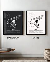 Framed Detailed Airport Map of Jacksonville International Airport (JAX) in White and Gray