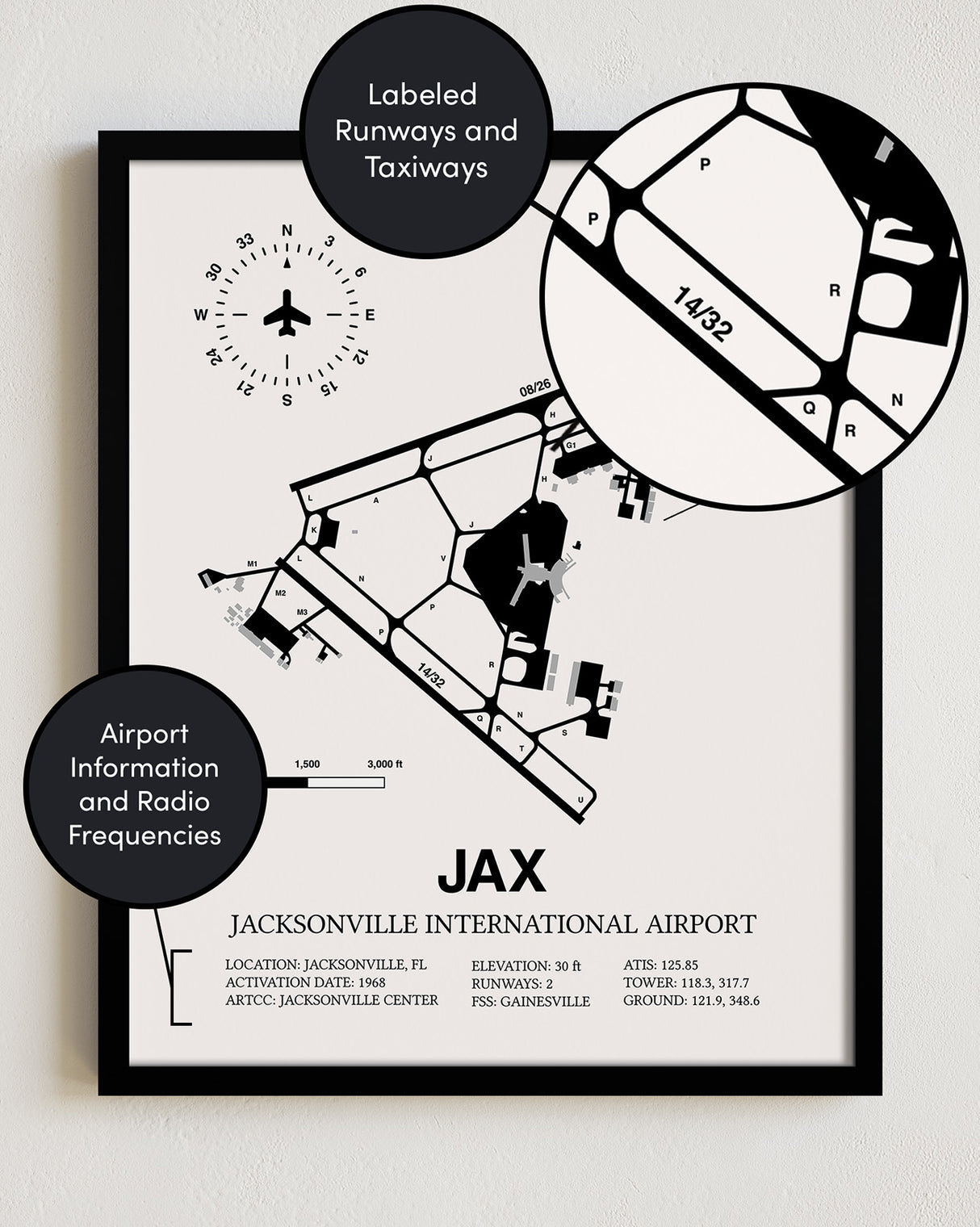 Framed Detailed Airport Map of Jacksonville International Airport (JAX) in White with a Black Frame