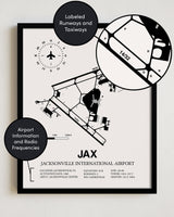 Framed Detailed Airport Map of Jacksonville International Airport (JAX) in White with a Black Frame