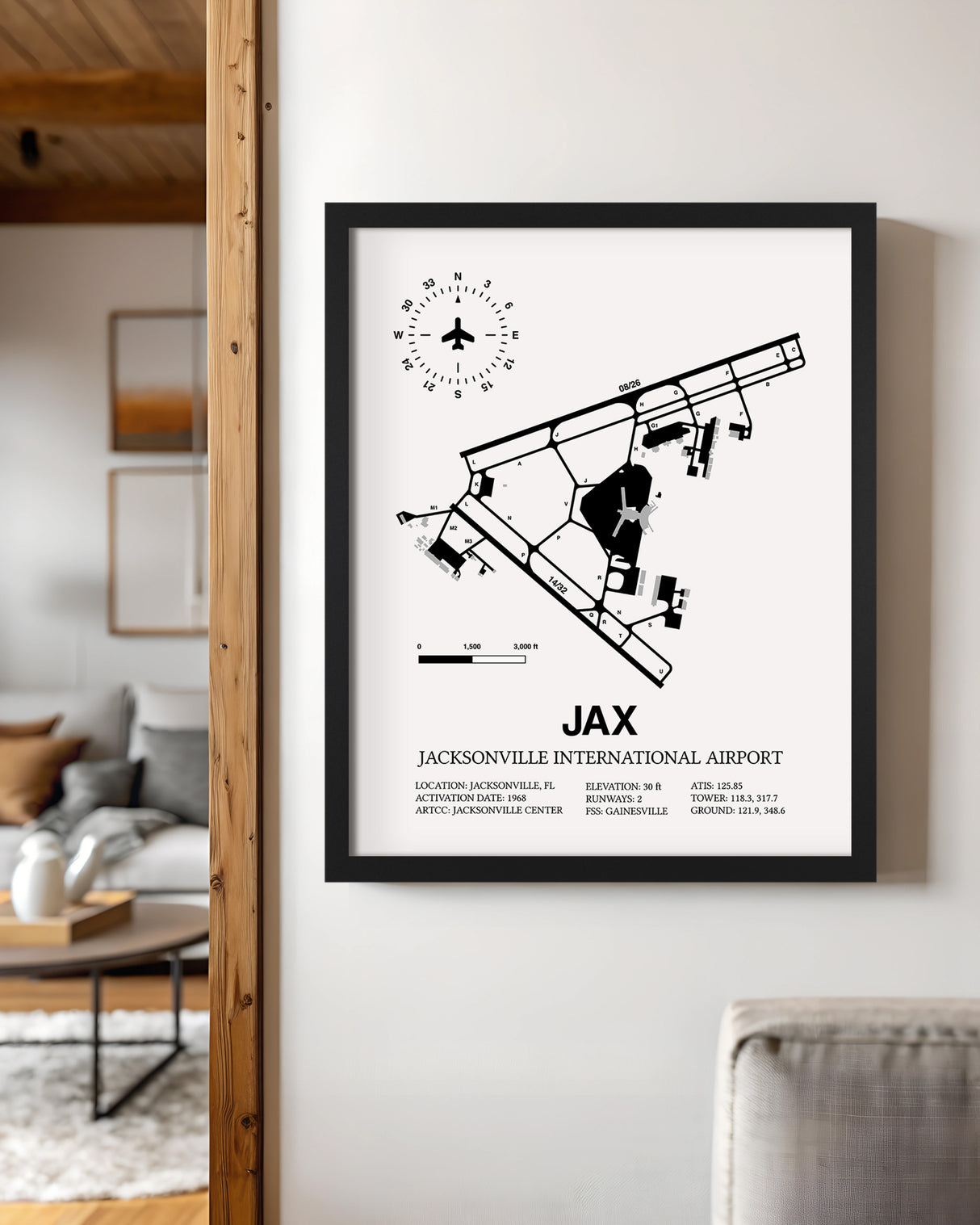 Framed Detailed Airport Map of Jacksonville International Airport (JAX) in White with a Black Frame