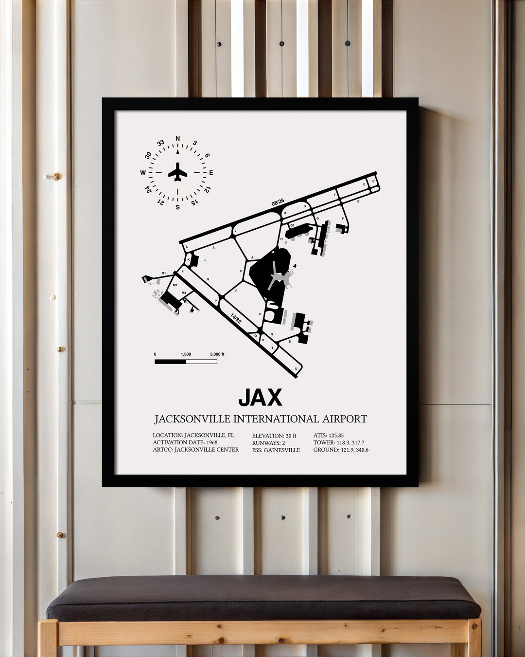 Framed Detailed Airport Map of Jacksonville International Airport (JAX) in White with a Black Frame