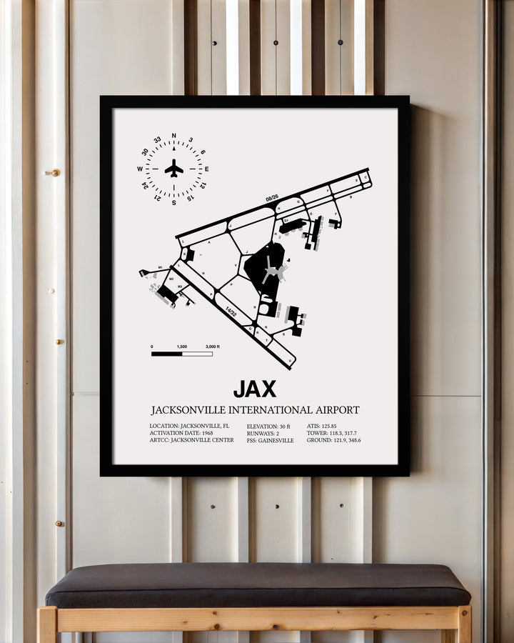 Framed Detailed Airport Map of Jacksonville International Airport (JAX) in White with a Black Frame