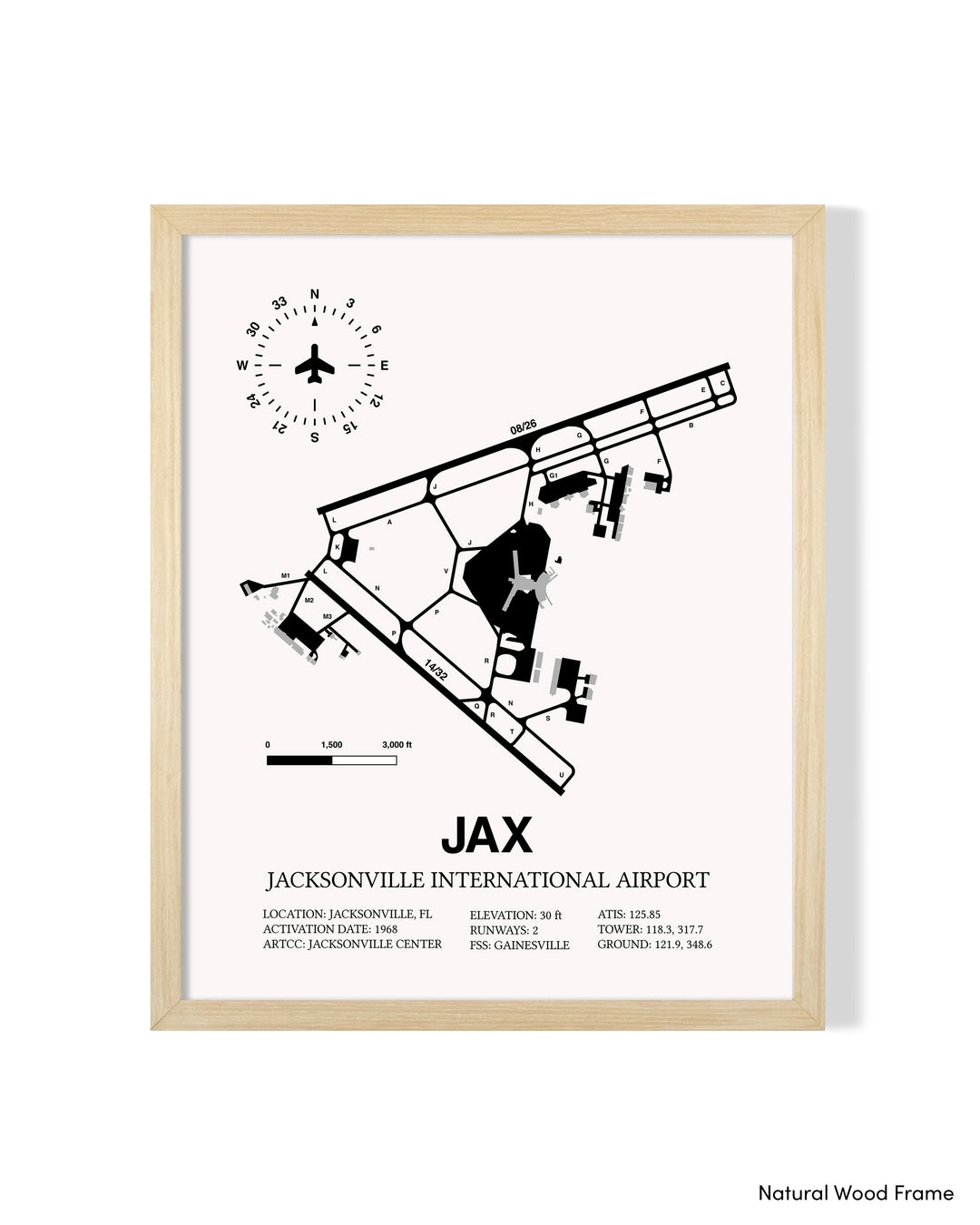 Detailed Airport Map of Jacksonville International Airport (JAX) in White with a Natural Frame