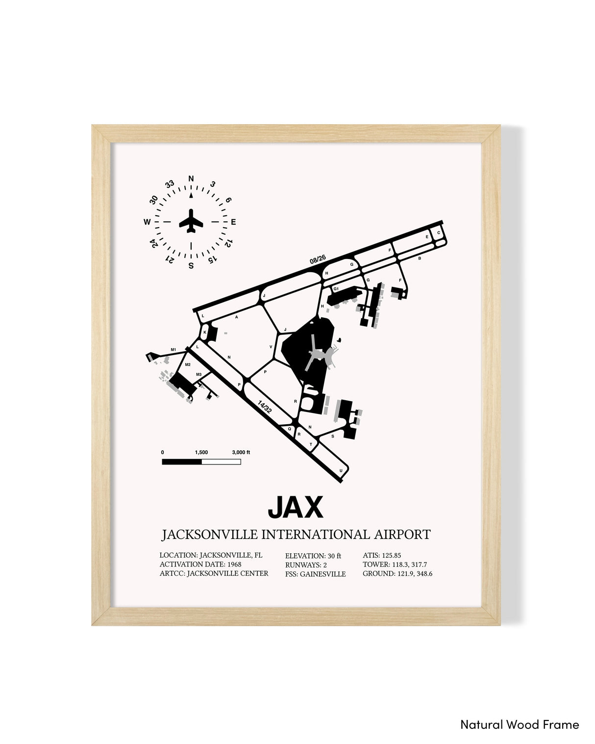 Detailed Airport Map of Jacksonville International Airport (JAX) in White with a Natural Frame