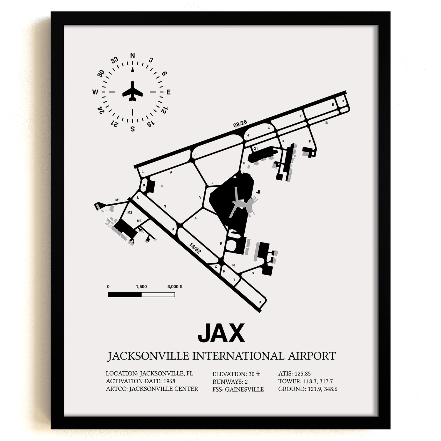Framed Detailed Airport Map of Jacksonville International Airport (JAX) in White with a Black Frame