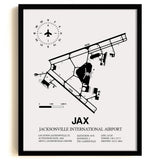 Framed Detailed Airport Map of Jacksonville International Airport (JAX) in White with a Black Frame