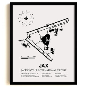 Framed Detailed Airport Map of Jacksonville International Airport (JAX) in White with a Black Frame