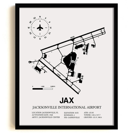Framed Detailed Airport Map of Jacksonville International Airport (JAX) in White with a Black Frame