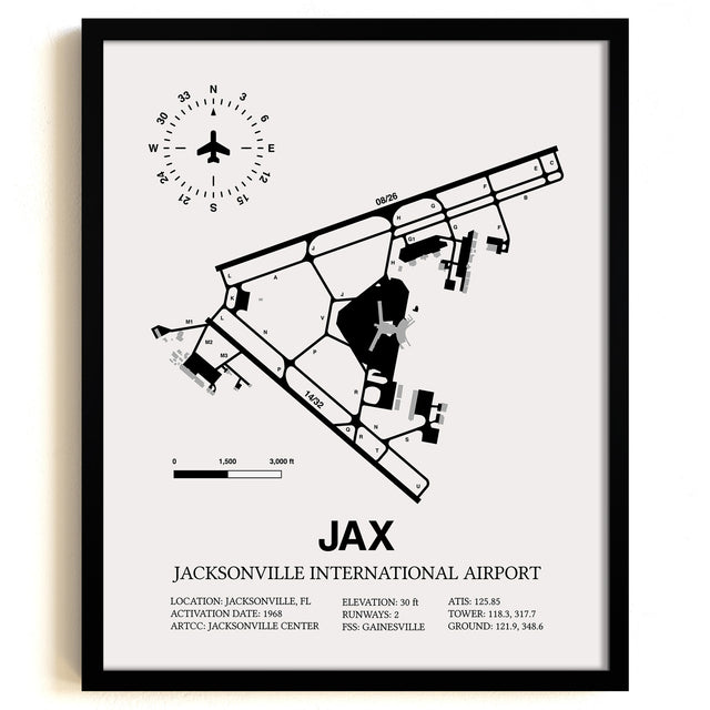 Framed Detailed Airport Map of Jacksonville International Airport (JAX) in White with a Black Frame