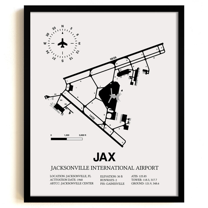 Framed Detailed Airport Map of Jacksonville International Airport (JAX) in White with a Black Frame