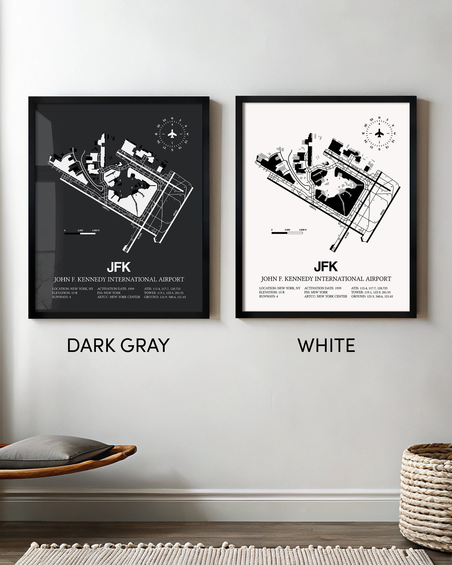 Framed Detailed Airport Map of John F. Kennedy International Airport (JFK) in White and Gray