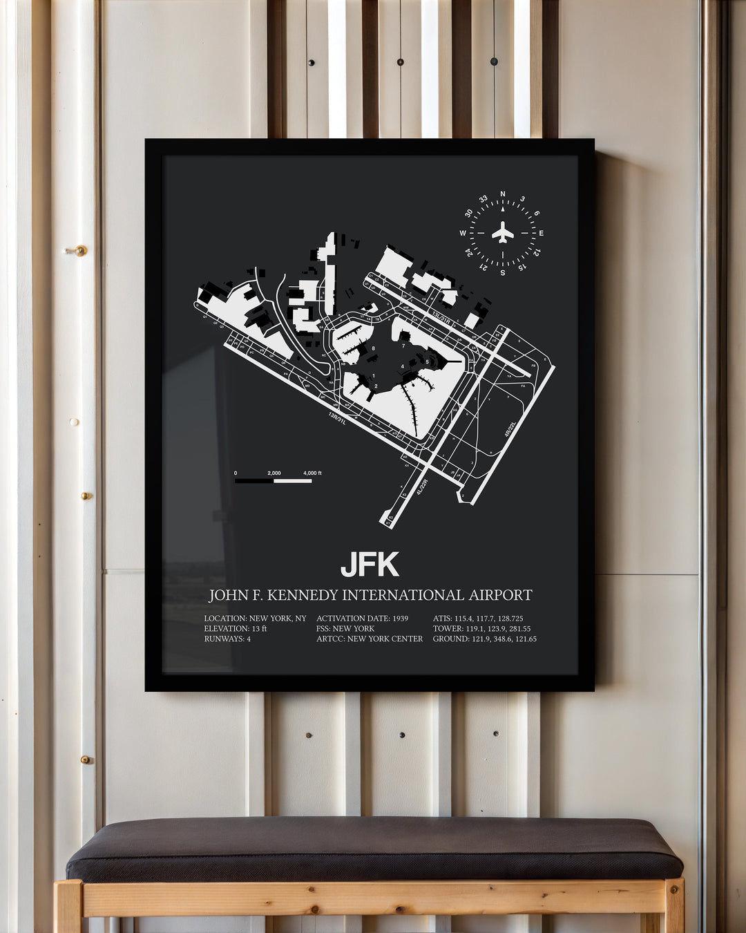 Framed Detailed Airport Map of John F. Kennedy International Airport (JFK) in Gray with a Black Frame