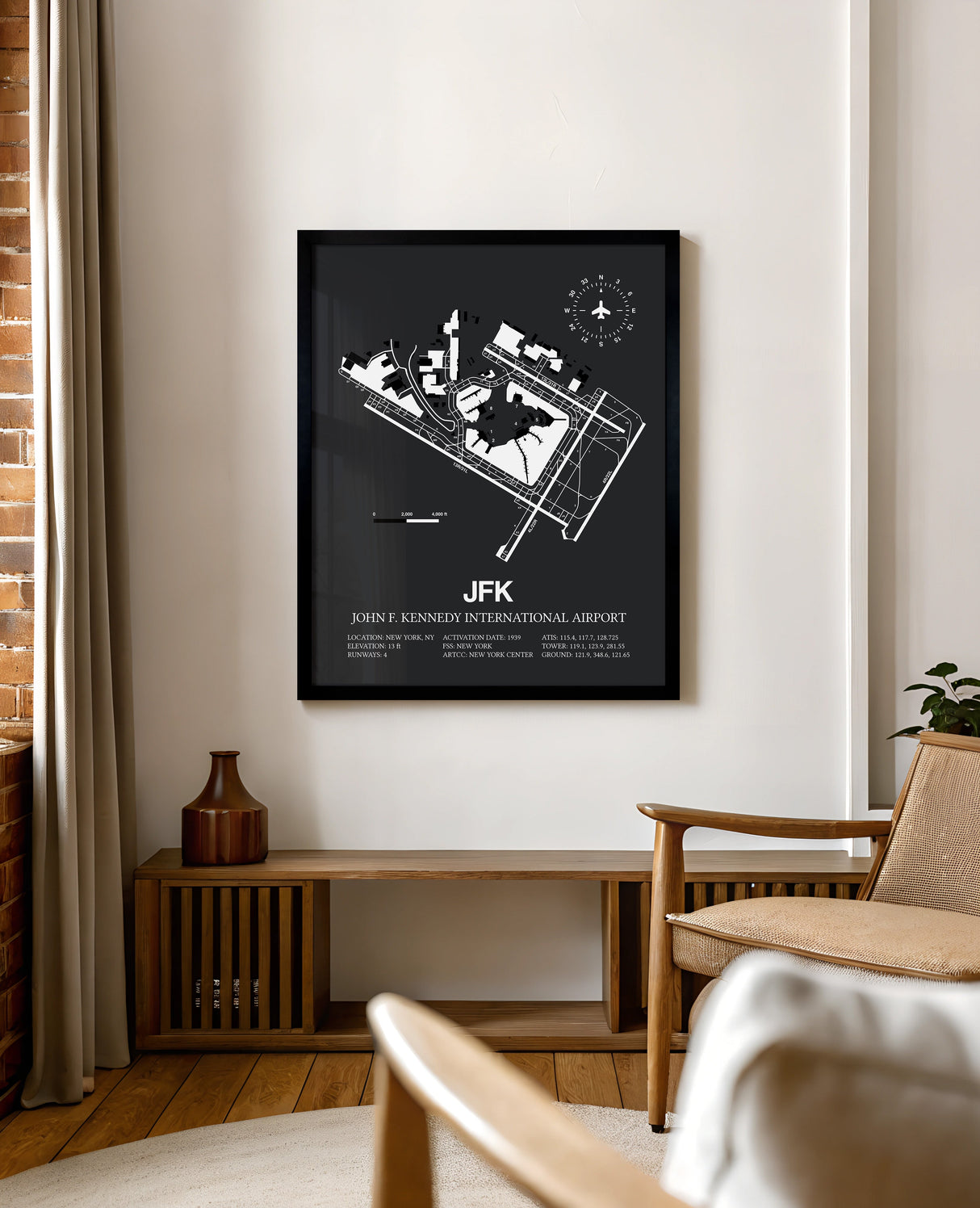 Framed Detailed Airport Map of John F. Kennedy International Airport (JFK) in Gray with a Black Frame