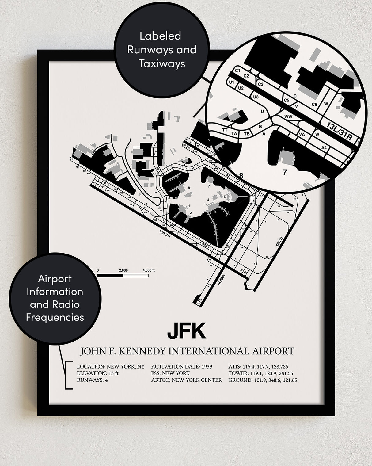 Framed Detailed Airport Map of John F. Kennedy International Airport (JFK) in White with a Black Frame