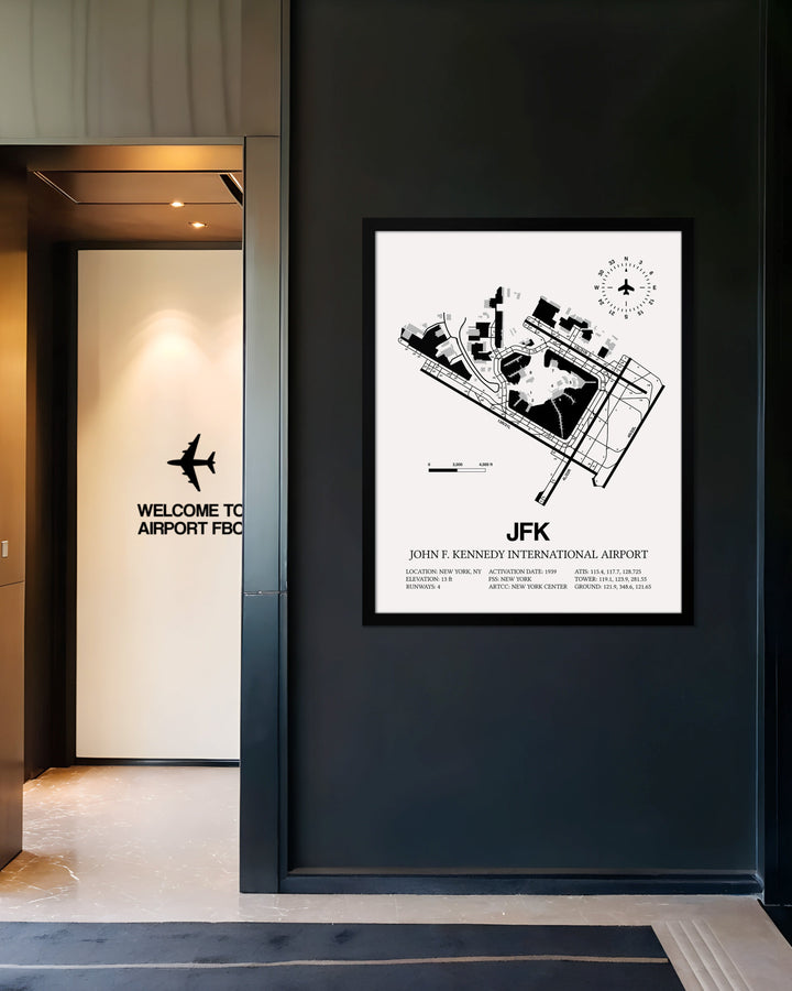Framed Detailed Airport Map of John F. Kennedy International Airport (JFK) in White with a Black Frame