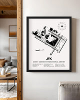 Framed Detailed Airport Map of John F. Kennedy International Airport (JFK) in White with a Black Frame