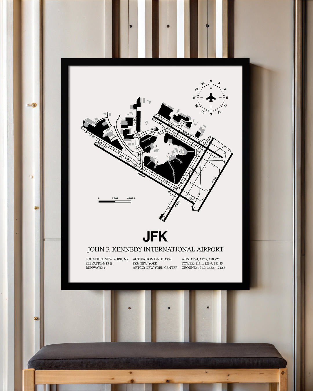 Framed Detailed Airport Map of John F. Kennedy International Airport (JFK) in White with a Black Frame