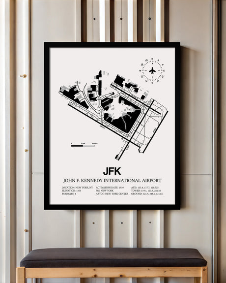 Framed Detailed Airport Map of John F. Kennedy International Airport (JFK) in White with a Black Frame