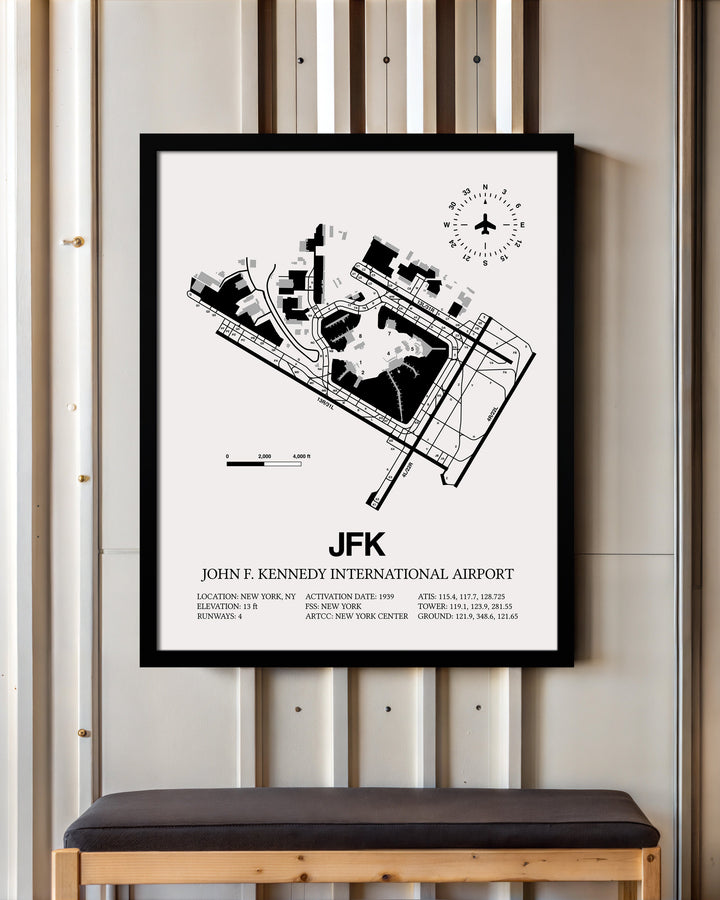 Framed Detailed Airport Map of John F. Kennedy International Airport (JFK) in White with a Black Frame