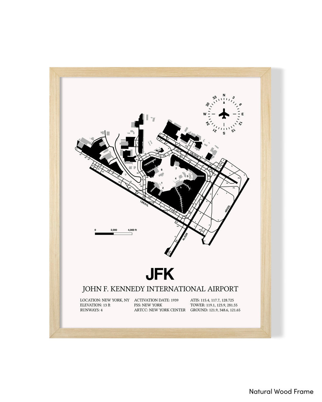 Detailed Airport Map of John F. Kennedy International Airport (JFK) in White with a Natural Frame
