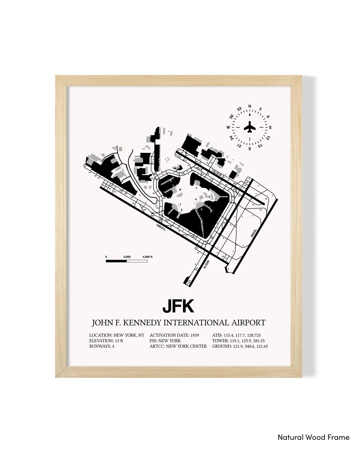 Detailed Airport Map of John F. Kennedy International Airport (JFK) in White with a Natural Frame