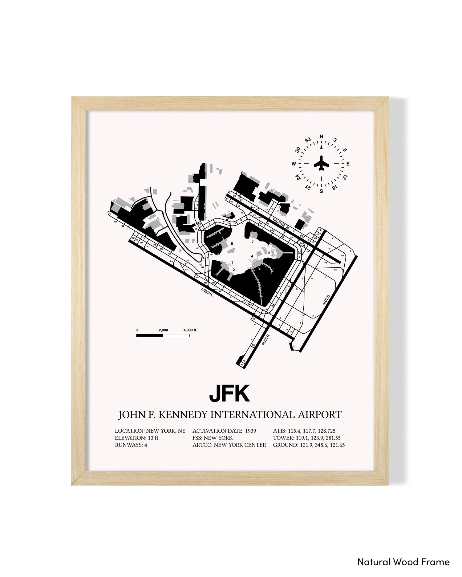 Detailed Airport Map of John F. Kennedy International Airport (JFK) in White with a Natural Frame