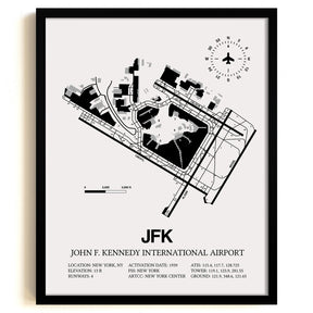 Framed Detailed Airport Map of John F. Kennedy International Airport (JFK) in White with a Black Frame