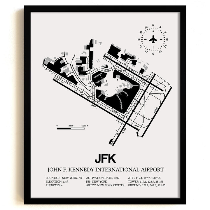 Framed Detailed Airport Map of John F. Kennedy International Airport (JFK) in White with a Black Frame