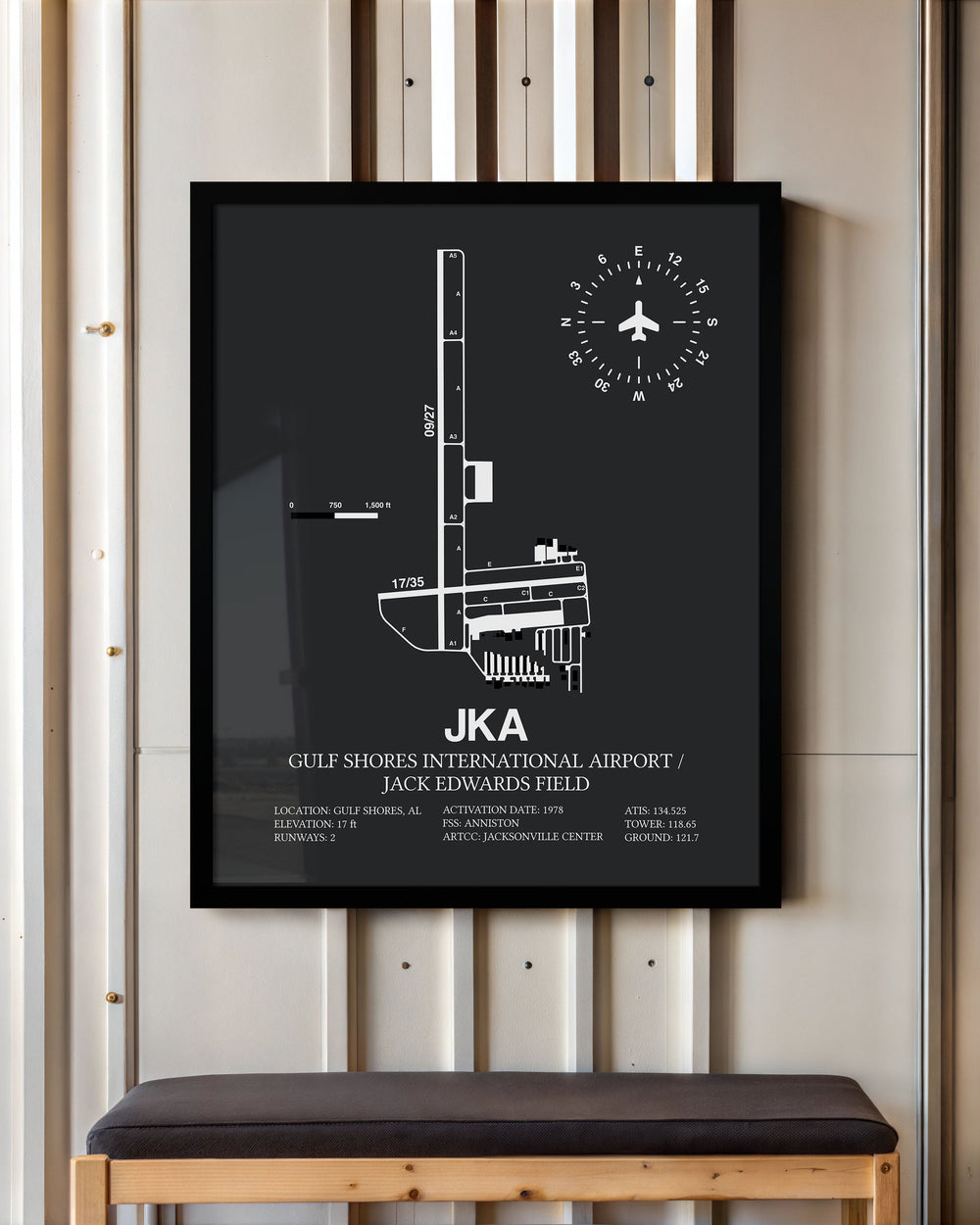 Framed Detailed Airport Map of Gulf Shores International Airport/Jack Edwards Field (JKA) in Gray with a Black Frame