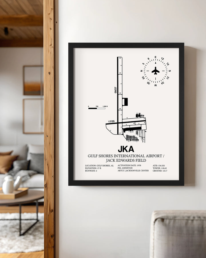 Framed Detailed Airport Map of Gulf Shores International Airport/Jack Edwards Field (JKA) in White with a Black Frame
