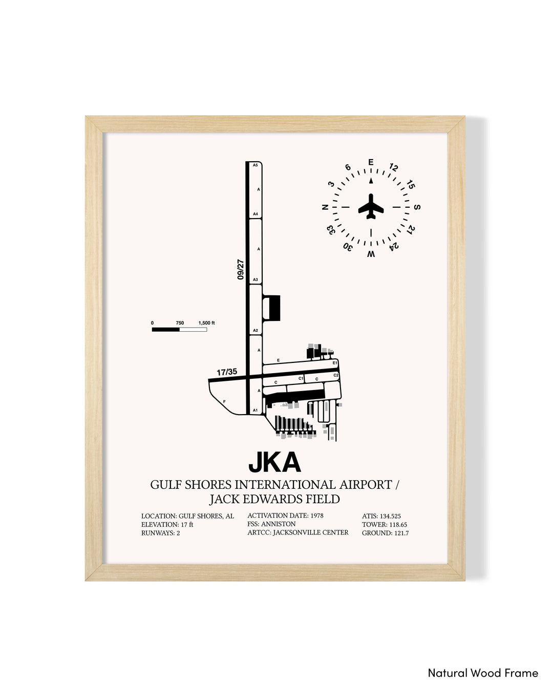 Detailed Airport Map of Gulf Shores International Airport/Jack Edwards Field (JKA) in White with a Natural Frame