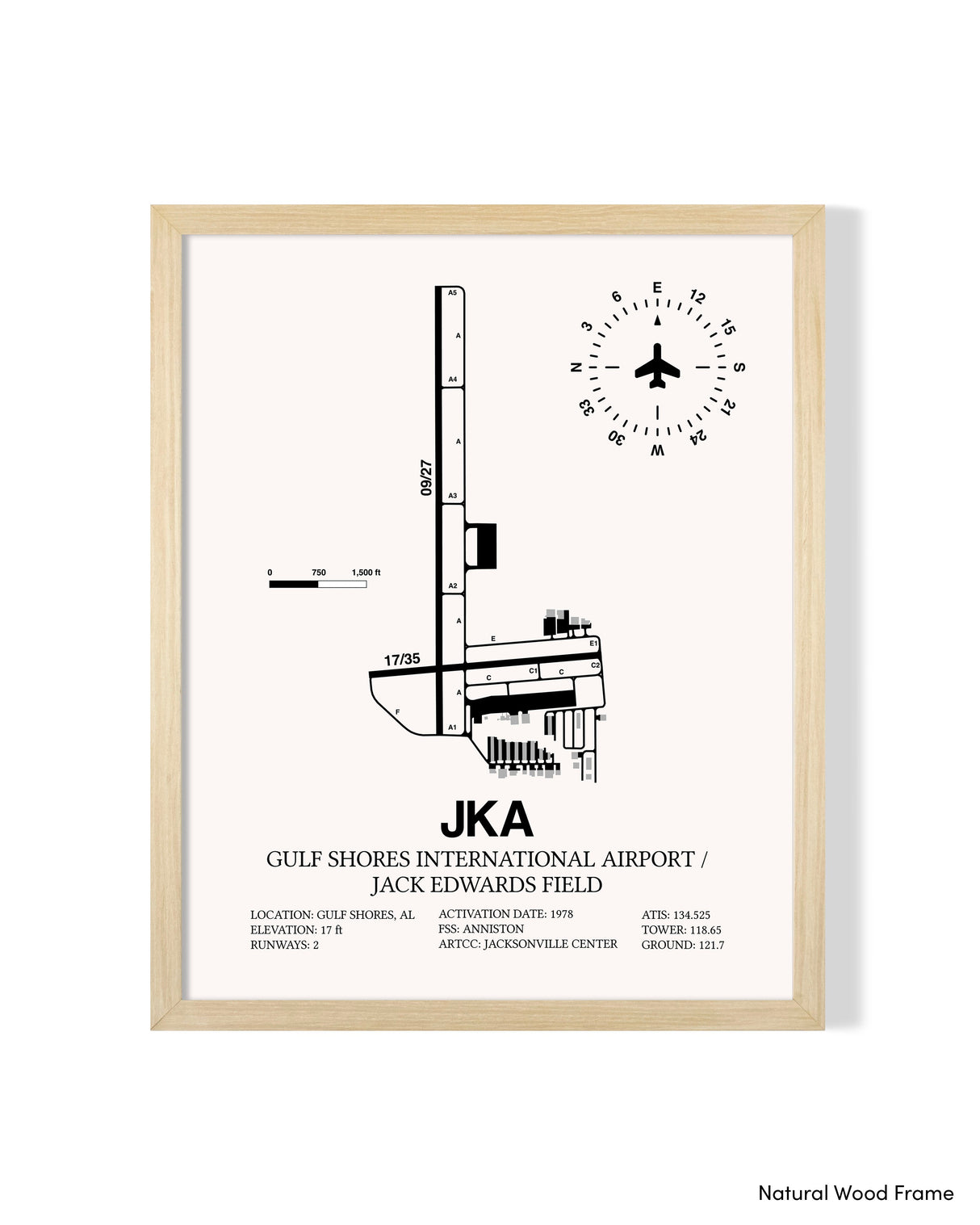 Detailed Airport Map of Gulf Shores International Airport/Jack Edwards Field (JKA) in White with a Natural Frame