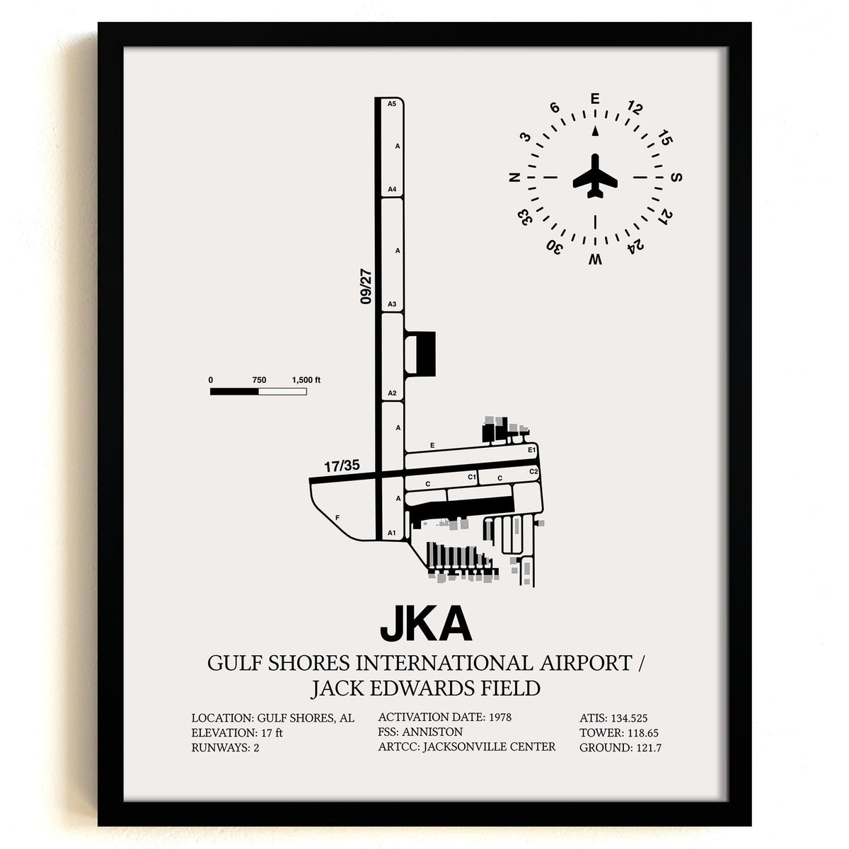 Framed Detailed Airport Map of Gulf Shores International Airport/Jack Edwards Field (JKA) in White with a Black Frame