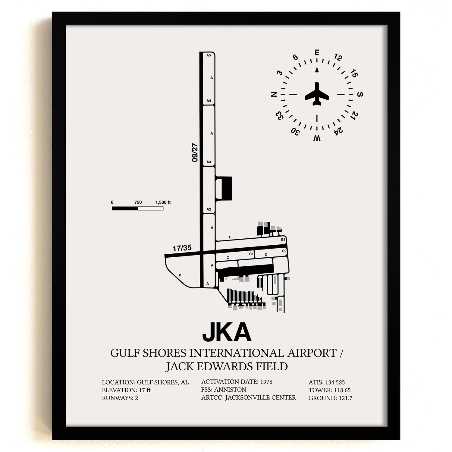 Framed Detailed Airport Map of Gulf Shores International Airport/Jack Edwards Field (JKA) in White with a Black Frame