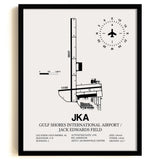 Framed Detailed Airport Map of Gulf Shores International Airport/Jack Edwards Field (JKA) in White with a Black Frame