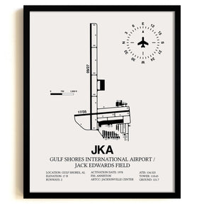 Framed Detailed Airport Map of Gulf Shores International Airport/Jack Edwards Field (JKA) in White with a Black Frame