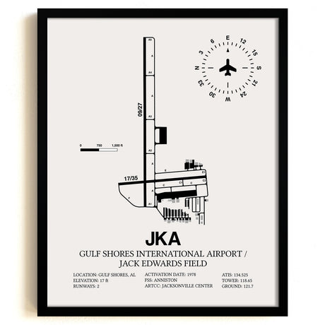 Framed Detailed Airport Map of Gulf Shores International Airport/Jack Edwards Field (JKA) in White with a Black Frame
