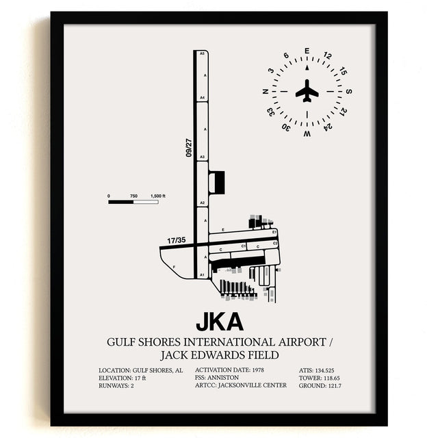 Framed Detailed Airport Map of Gulf Shores International Airport/Jack Edwards Field (JKA) in White with a Black Frame