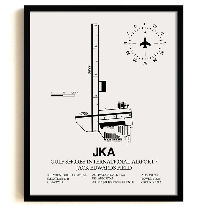 Framed Detailed Airport Map of Gulf Shores International Airport/Jack Edwards Field (JKA) in White with a Black Frame