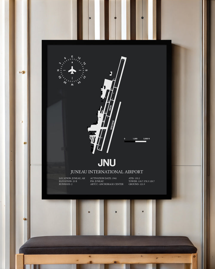Framed Detailed Airport Map of Juneau International Airport (JNU) in Gray with a Black Frame