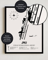 Framed Detailed Airport Map of Juneau International Airport (JNU) in White with a Black Frame