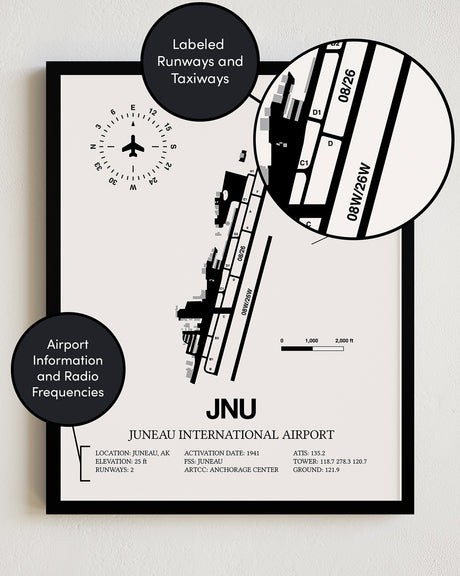 Framed Detailed Airport Map of Juneau International Airport (JNU) in White with a Black Frame