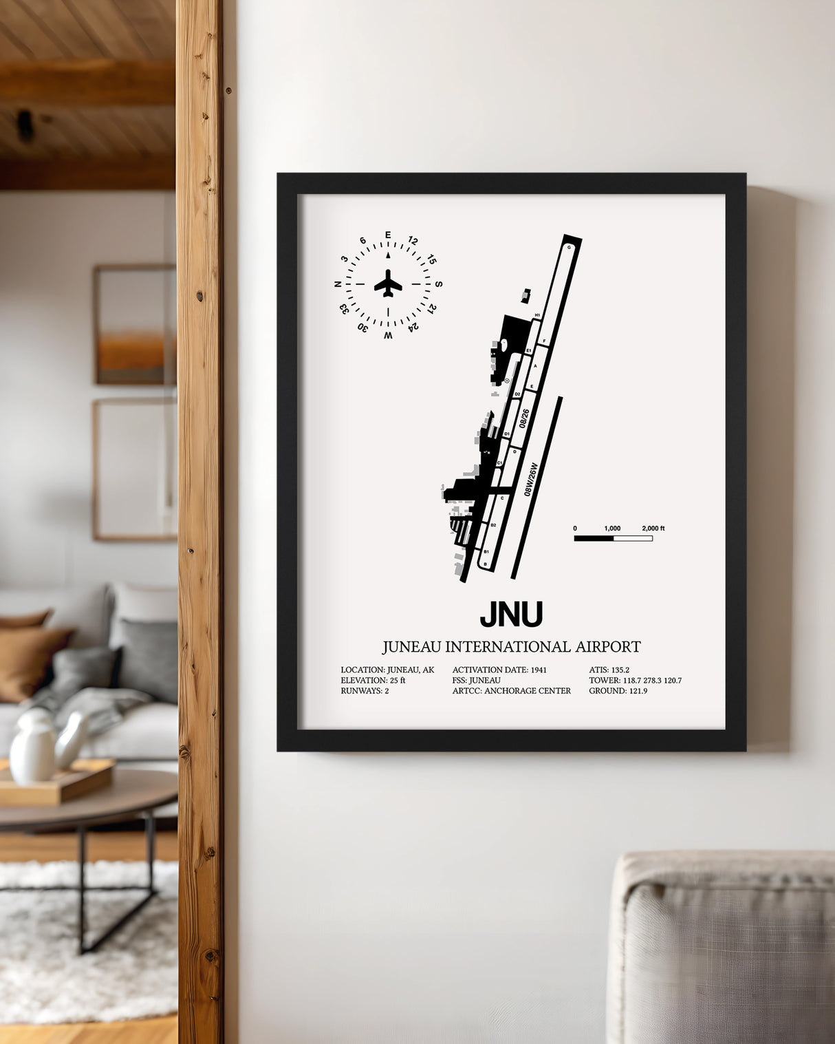 Framed Detailed Airport Map of Juneau International Airport (JNU) in White with a Black Frame
